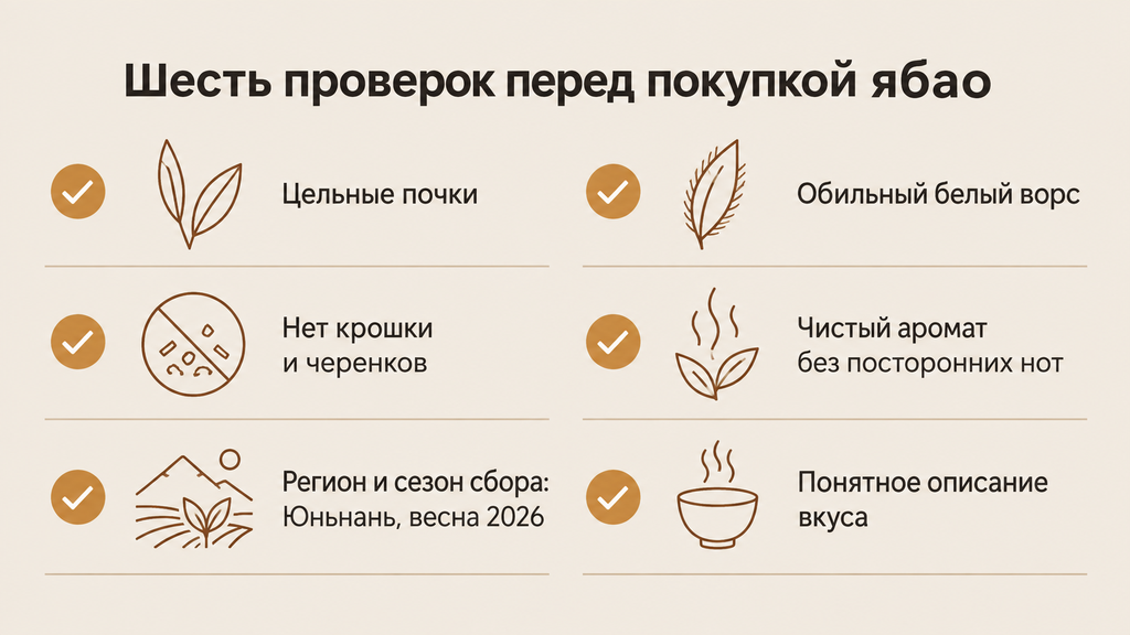 Инфографика-чеклист из шести пунктов проверки сухого чая ябао: цельные почки, белый ворс, отсутствие крошки, чистый аромат, регион сбора и описание вкуса