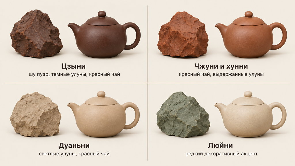 Четыре вида исинской глины: цзыни, чжуни, дуаньни, люйни с образцами сырья и чайников, цвета до и после обжига