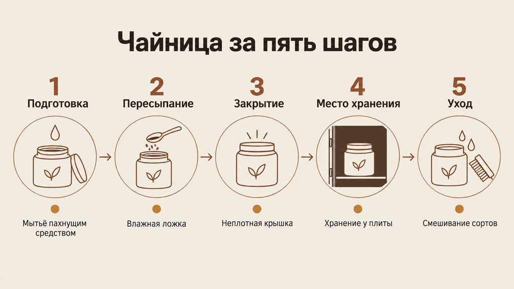 Схема пяти шагов ухода за чайницей из исинской глины с указаниями типичных ошибок и сохранения аромата чая