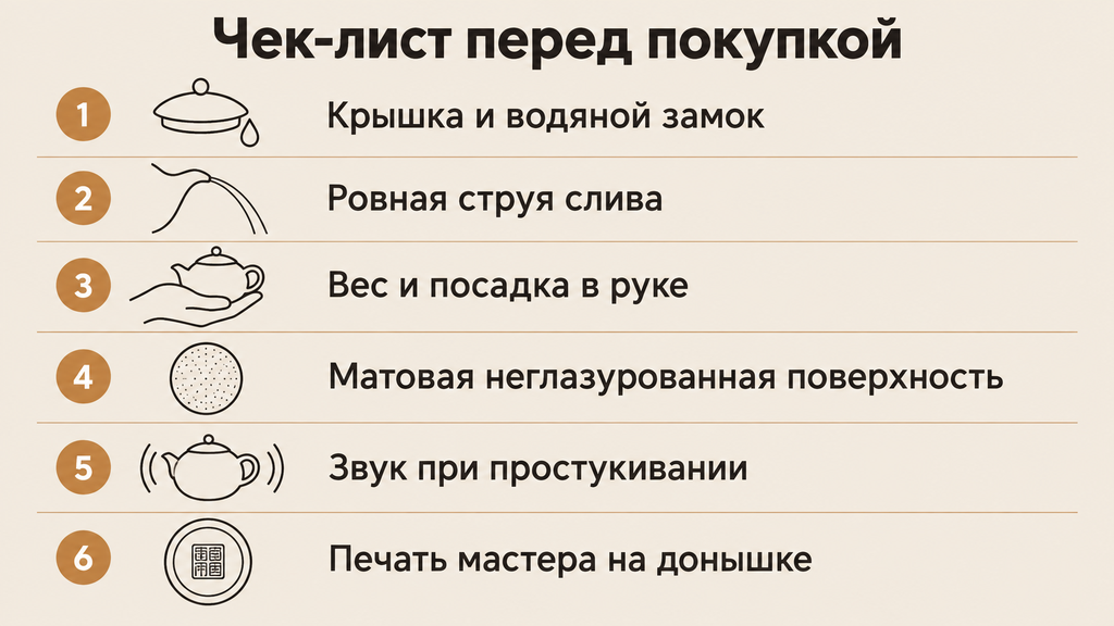 Чек-лист проверки исинского чайника перед покупкой: шесть пунктов с пиктограммами
