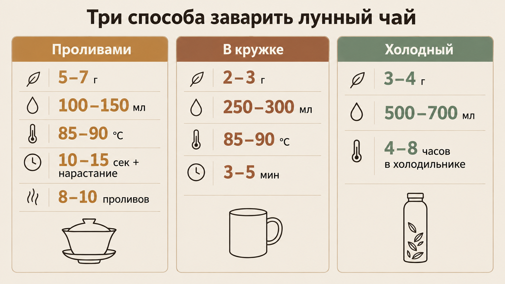 Инфографика с параметрами трех способов заваривания лунного чая Юэ Гуан Бай: проливами, в кружке и холодным завариванием